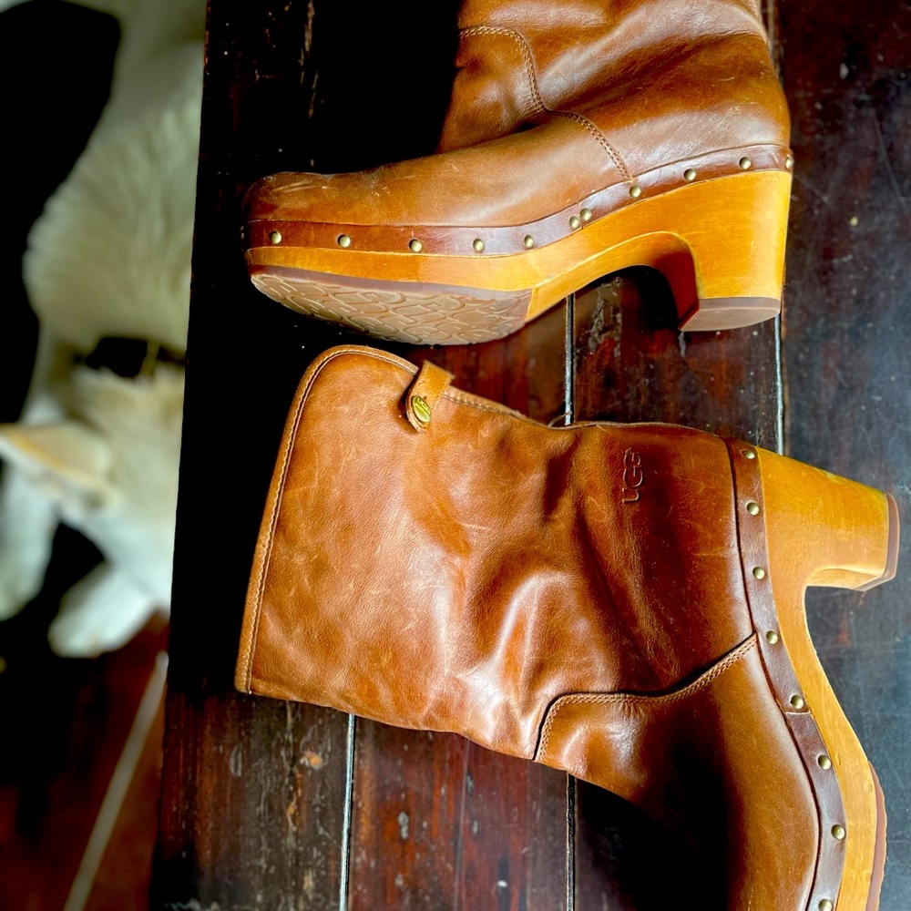 UGG warm cozy fur clogs. Barely worn but leather a little scuffed from moves.